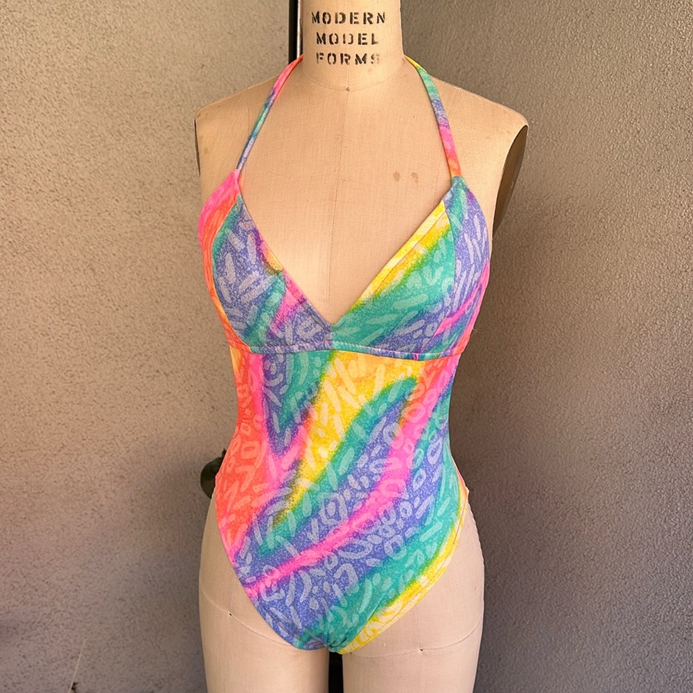 VINTAGE | 90’s Rainbow Abstract One Piece Bathing Suit Size M